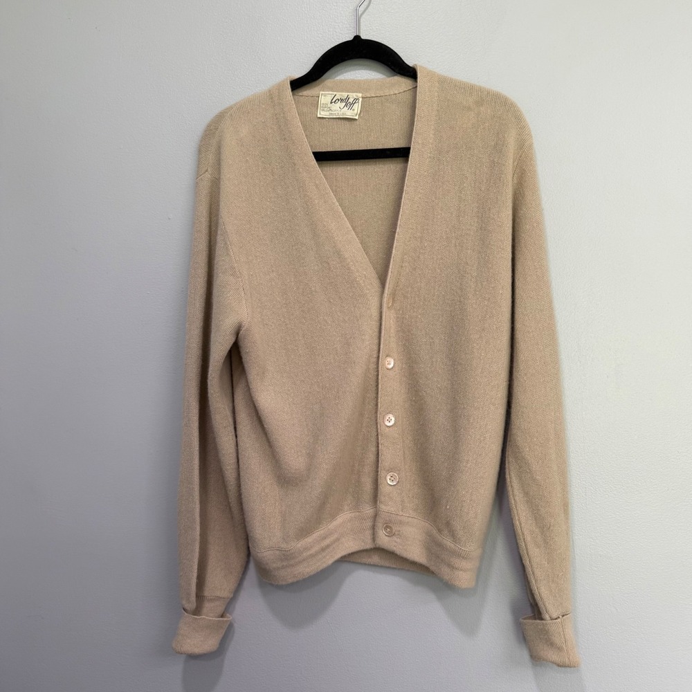 Vtg Lord Jeff Mens Tan Beige V-Neck orlon Cardigan Sweater Medium USA grandpa